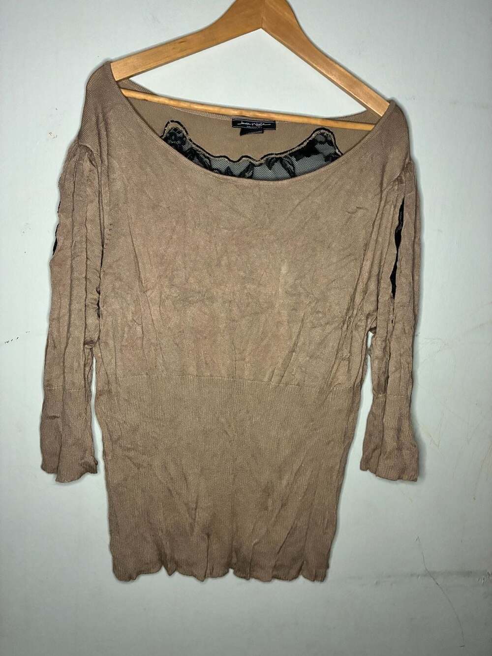 Jamie Nicole Collection Women's Brown Knit Long Sleeve Top with Black Lace Detai